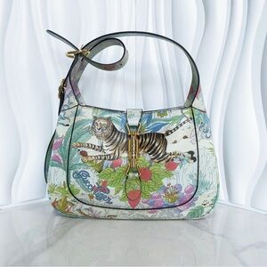 Authenticated Gucci Yuko Higuchi Small Calfskin Floral Print Jackie 1961 White